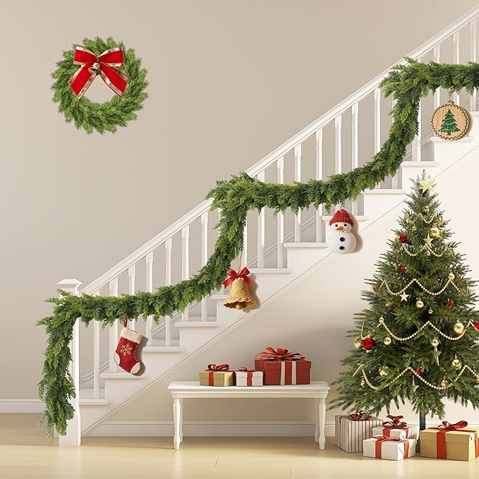 9FT Real Touch Norfolk Christmas Pine Garland, Lifelike Artificial Bendable Greenery Garland for Front Door, Mantle, Staircase, Windowsill Indoor Outdoor Christmas Decorations