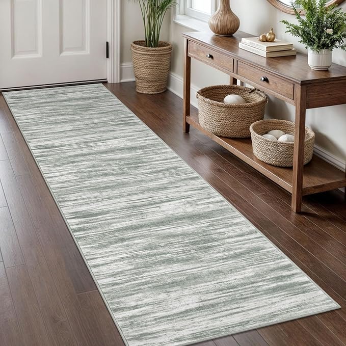 KOZYFLY Modern Abstract Hallway Runner Rug, 2x8 Kitchen Rugs Non-Slip Washable Soft Striped Runner Rugs, Print Grey Green Carpet Runner for Entryway Bathroom Laundry Room Foyer