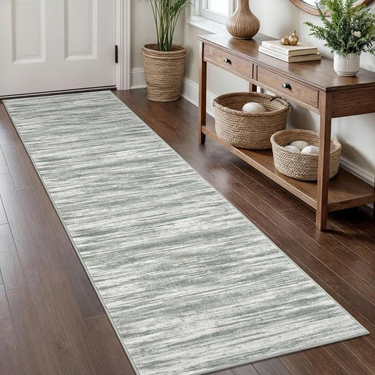 KOZYFLY Modern Abstract Hallway Runner Rug, 2x8 Kitchen Rugs Non-Slip Washable Soft Striped Runner Rugs, Print Grey Green Carpet Runner for Entryway Bathroom Laundry Room Foyer