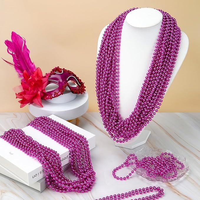 YAXINRUI 12 PCS Hot Pink Bead Necklaces, Pink Mardi Gras Bead, Cancer Awareness Beads Necklaces, Valentine Necklace, 33 Inch Party Beads for Mardi Gras Christmas Cancer Awareness Month Events