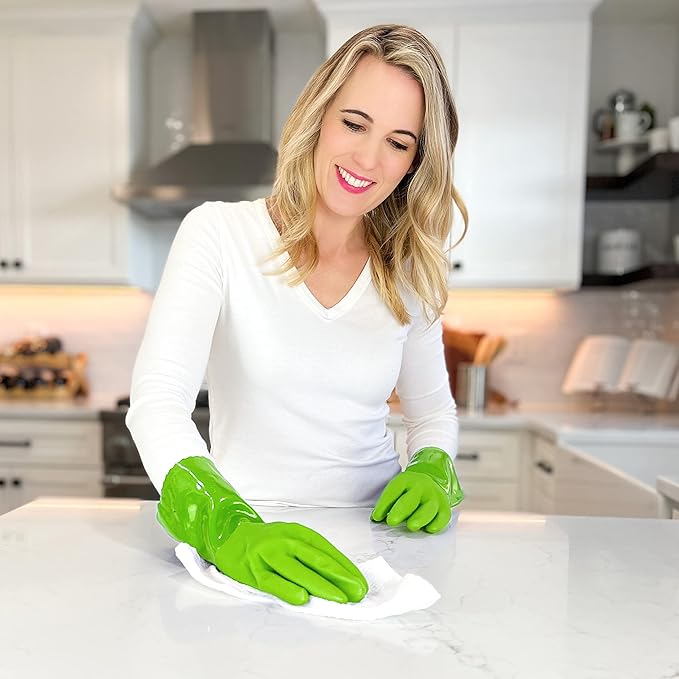 Kitchen-Star Ultimate Rubber Household PVC Gloves with Comfortable Cotton Lining, Anti-Slip surface, Kitchen Dishwashing, Extra Thickness, Kitchen Cleaning, Working, Painting, Pet Care (Medium, Green)
