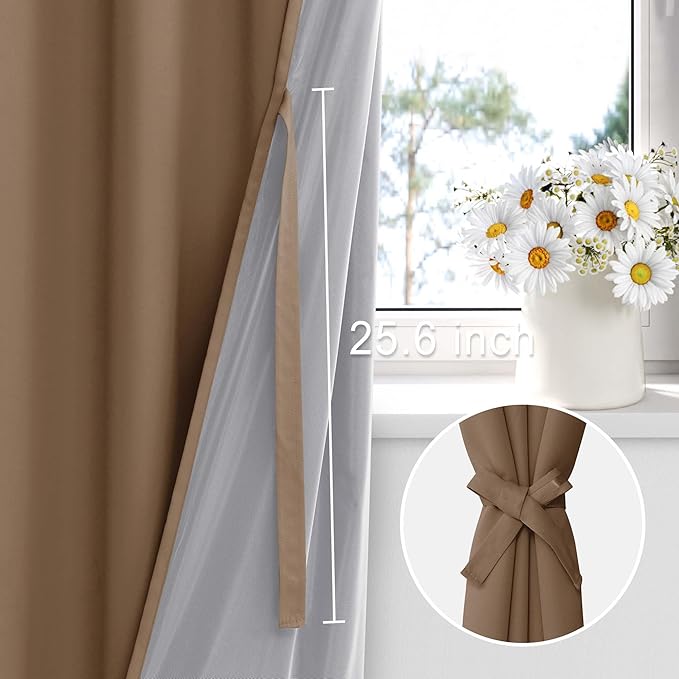 XWZO 100% Blackout Curtains with Tiebacks- 2 Thick Layers Completely Shaded Window Treatment Thermal Insulated Lined Drapes for Bedroom/Patio Door, Grommet, Cappuccino, W38 x L54, Set of 2 Panels