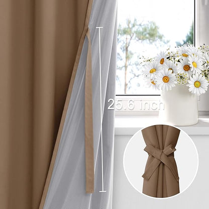 XWZO Complete Blackout Shades Window Curtain Panels with Tiebacks- Noise Reduction and Light Blocking Grommet Curtains with Black Liner for Studio, Basement, Cappuccino, W42 x L63, Set of 2 Panels