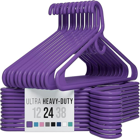 NEATERIZE Ultra Heavy Duty Plastic Clothes Hangers - Purple - Durable Coat, Suit and Clothes Hanger. Perchas De Ropa (24 Pack - Purple)