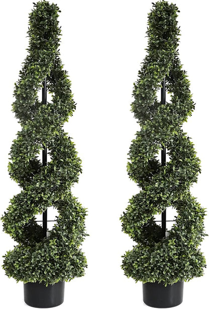 46Inch Double Spiral Artificial Boxwood Topiary Tree 4" Plants Fake Faux Plant Decor in Plastic Pot Green Indoor or Outdoor, Set of 2