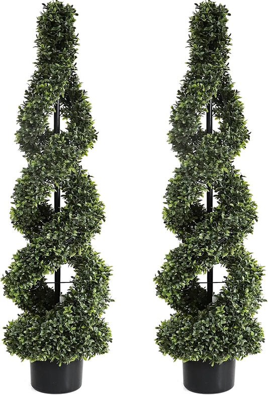 46Inch Double Spiral Artificial Boxwood Topiary Tree 4" Plants Fake Faux Plant Decor in Plastic Pot Green Indoor or Outdoor, Set of 2