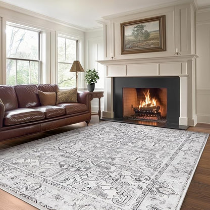 jinchan 8x10 Machine Washable Area Rugs for Living Room - Vintage Floral Stain Resistant Low Pile Ultra-Thin Non Slip Accent Rug for Bedroom Kitchen Dining Room Home Office (8x10ft,Grey)