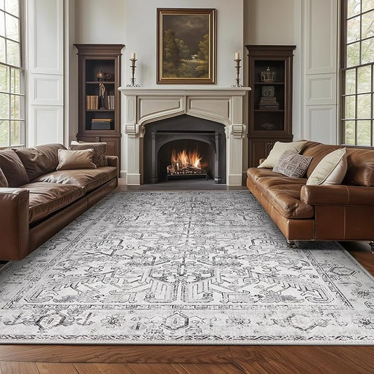 jinchan 8x10 Machine Washable Area Rugs for Living Room - Vintage Floral Stain Resistant Low Pile Ultra-Thin Non Slip Accent Rug for Bedroom Kitchen Dining Room Home Office (8x10ft,Grey)