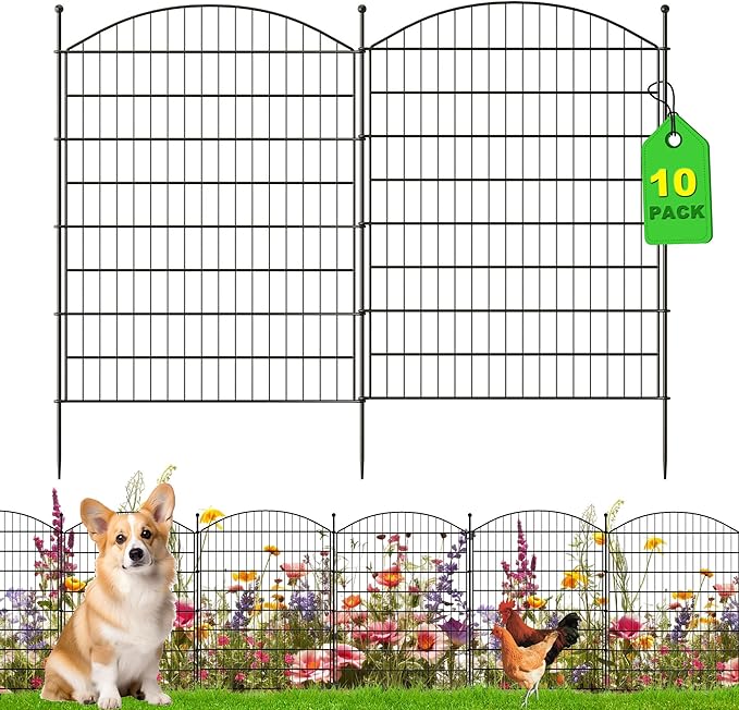40 in(H) x24 Ft(L) No Dig Heavy Duty Metal Fence - 10 Panels Thick Rust-Resistant Decorative Fence Posts for Yard Security, Garden, Lawn, Farm and Poultry (Black)