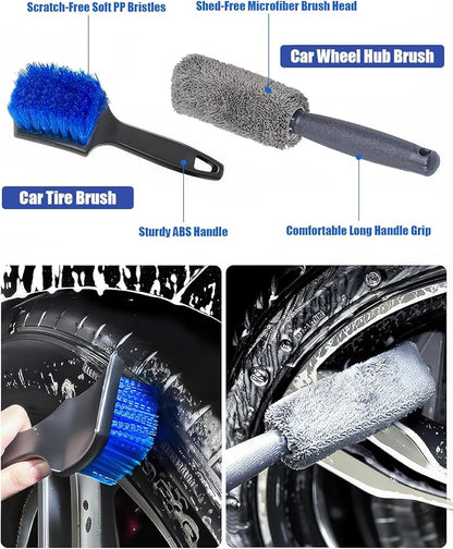 15°Curved Car Wash Brush with Long Handle Kit, 55-Inch 4-Section Extendable Pole with Replacement Head, Chenille Mitt, Tire & Wheel Hub Brushes, Towel, Storage Bag for Car, RV, Truck [Scratch Free]