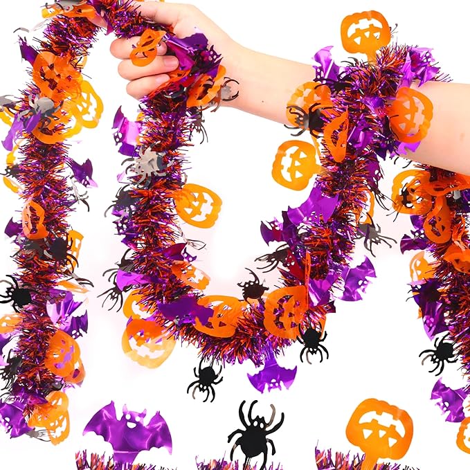 33FT Spooky Halloween Tinsel Garland with Pumpkin Bat Spider Ornament, Shiny Metallic Twist Garland Outdoor Indoor Halloween Decorations for Home Table Office Classroom Fireplace Party Decor