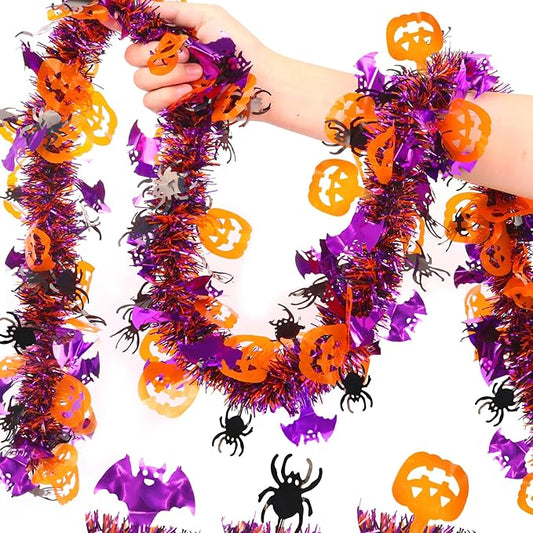 33FT Spooky Halloween Tinsel Garland with Pumpkin Bat Spider Ornament, Shiny Metallic Twist Garland Outdoor Indoor Halloween Decorations for Home Table Office Classroom Fireplace Party Decor