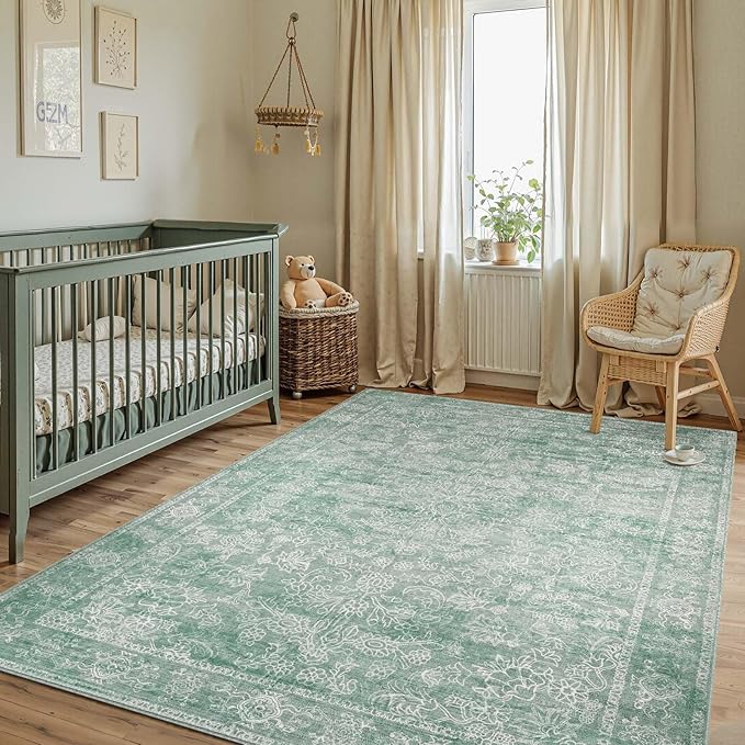 jinchan 8x10 Machine Washable Area Rugs for Living Room – Vintage Floral Soft Stain Resistant Low Pile Rug,Non Slip Ultra-Thin Carpet for Bedroom,Dining Room,Home Office,Nursery (8'x10',Green)