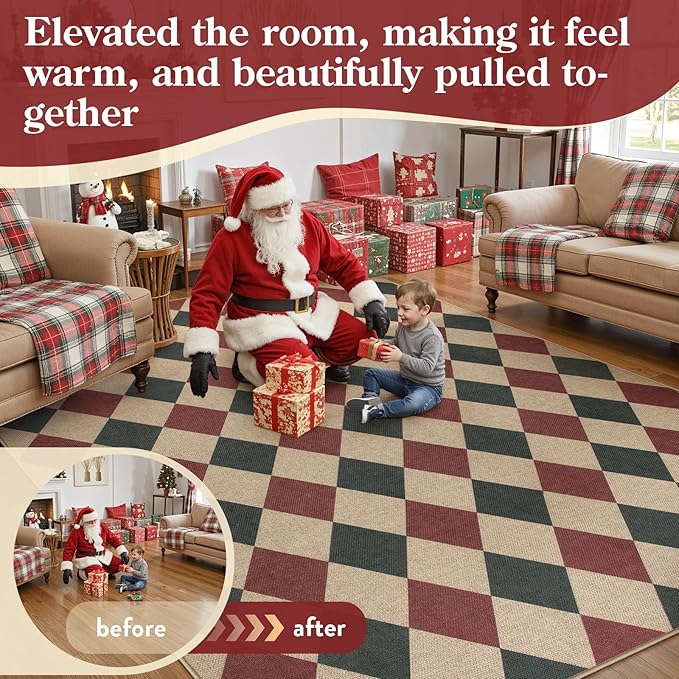 Lahome Christmas Rugs for Living Room, 8x10 Christmas Decorations Red and Green Rug, Checkered Outdoor Non Slip Non Shedding Xmas Decor for Bedroom Dining Room Deck