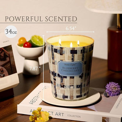 HomeLights Scented Candles | Large Jar 34 Oz Natural Soy Candle | 130 hrs Long-Lasting with 3 Wicks | Rustic Modern Home Decor | Gifts for Mom & Women, Blueberry Cheesecake