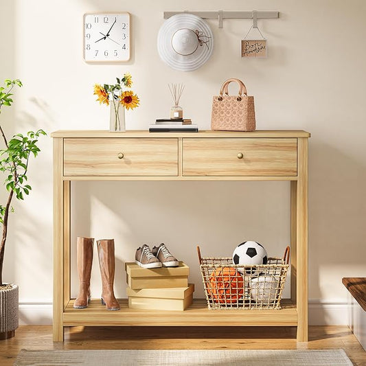 Gizoon 2 Drawer Console Table, 2-Tier Wood Entryway Table with Storage Shelves, 39" W Wood Accent Sofa Table for Front Hall, Hallway, Living Room, Oak Color