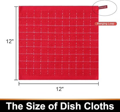 Mordimy 100% Cotton Terry Cloth Dish Cloths, Soft and Absorbent Checkered Dish Towels, Quick Drying Dish Rags for Washing Dishes, 8 Pack, 12 x 12 Inches, Red