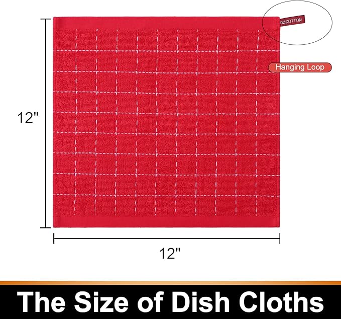 Mordimy 100% Cotton Terry Cloth Dish Cloths, Soft and Absorbent Checkered Dish Towels, Quick Drying Dish Rags for Washing Dishes, 12 Pack, 12 x 12 Inches, Red