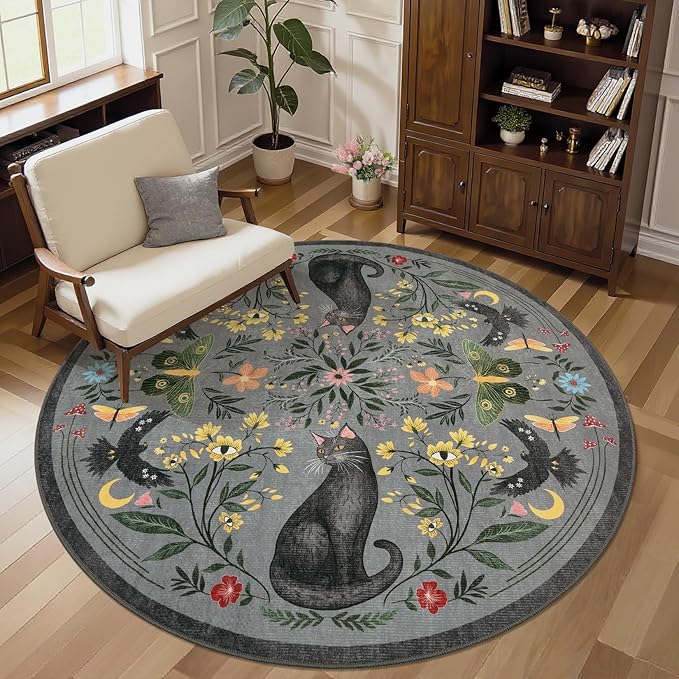GarveeHome Round Area Rugs 5ft for Bedroom, Cat Grey Washable Circle Rug Soft Non Slip Mushroom Floral Floor Mat Carpet Indoor Thin Rug for Bedroom Dining Room Playroom Nursery Gothic Decor