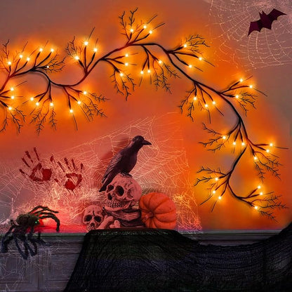 9 Ft 54 LED Halloween Willow Vine Twig Decor Garland with 8 Modes Timer Waterproof Battery Operated Scary Halloween Decorations for Home Wall Mantle Fireplace Decor