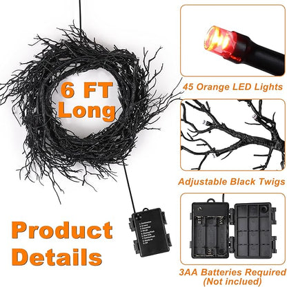 6 FT Halloween Black Garland Willow Vine Twig Decor with Orange Light, 8 Modes & Timer Battery Operated Waterproof Halloween Decorations Indoor for Mantle Fireplace Home Party Decor