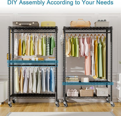 P3 Rolling Clothes Rack, Clothing Racks for Hanging Clothes, Heavy Duty Garment Rack with Wheels, Freestanding Portable Closet Organizer 39.4''W x 14''D x 78.5''H, Max Load 464 LBS, Black