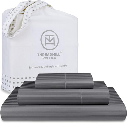 Threadmill 100% Cotton Sheets for Twin Size Bed - 600 Thread Count Twin Bed Sheets Set with 15” Deep Pocket - Damask Stripe Sateen Weave 3-Piece Bedding Set with Cooling Effect, Dark Grey
