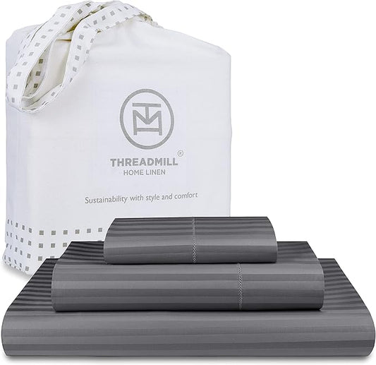 Threadmill 100% Cotton Sheets for Twin Size Bed - 600 Thread Count Twin Bed Sheets Set with 15” Deep Pocket - Damask Stripe Sateen Weave 3-Piece Bedding Set with Cooling Effect, Dark Grey