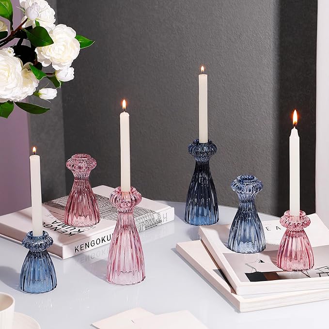 Lysenn Glass Candle Stick Holder Set of 3 – Premium Taper Candle Holders for Romantic Ambiance - Candle Sticks Holder Decor for Special Occasions - Dark Blue