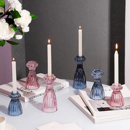 Lysenn Glass Candle Stick Holder Set of 6 – Premium Taper Candle Holders for Romantic Ambiance - Candle Sticks Holder Decor for Special Occasions - Pink
