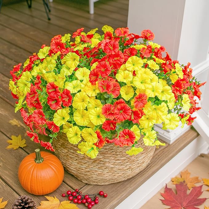 Fake Mums Fall Artificial Flowers Plants for Outdoors Autumn Decoration, 12 Bundles Silk Morning Glory with Eucalyptus Realistic UV Resistant Faux Mums for Outside Planter Yard Garden Home Indoor, Mix