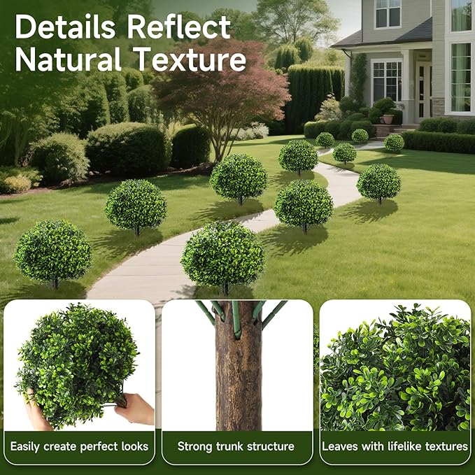 Faux Boxwood Balls for Outdoor Planters Topiary Set of 2 with Peanut Leaves,UV Resistant Artificial Shrub Bushes Trees with Spike for Porch,Indoor,Garden