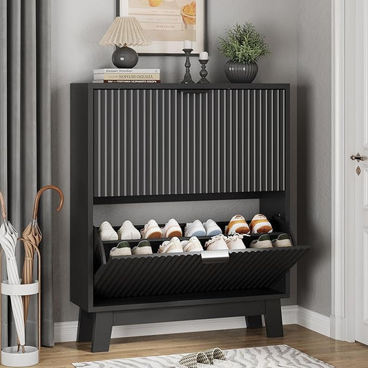 Shoe Cabinet with 2 Flip Drawers, 37" Tall Narrow Fluted Shoe Storage Organizer for Entryway, Hidden Slim Wooden Shoe Rack Cabinet for Front Door Entrance, Hallway, Living Room, Solid Black
