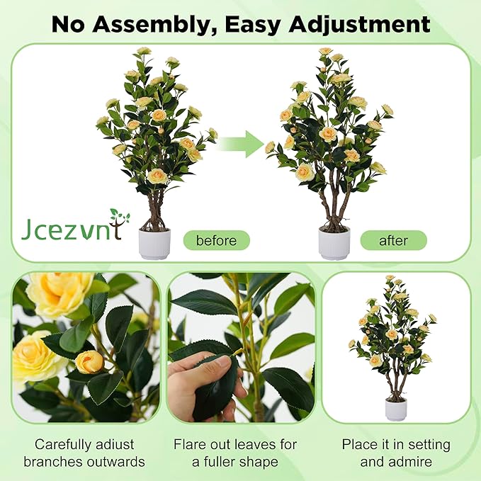 2 Pack Artificial Camellia Tree with White Pot, 38" Faux Potted Plants for Indoor Outdoor Decor, Tall Silk Greenery Plant for Home Office Living Room Balcony, Yellow