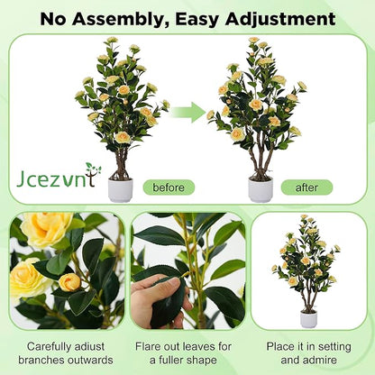 2 Pack Artificial Camellia Tree with White Pot, 38" Faux Potted Plants for Indoor Outdoor Decor, Tall Silk Greenery Plant for Home Office Living Room Balcony, Yellow