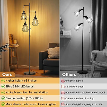 QiMH Industrial Floor Lamps for Living Room, Tree Standing Lamp with Stepless Dimmable, 68" Modern Tall Stand up Lamps for Bedroom Study Office, E26 Socket, 3 LED Bulb Included, Black