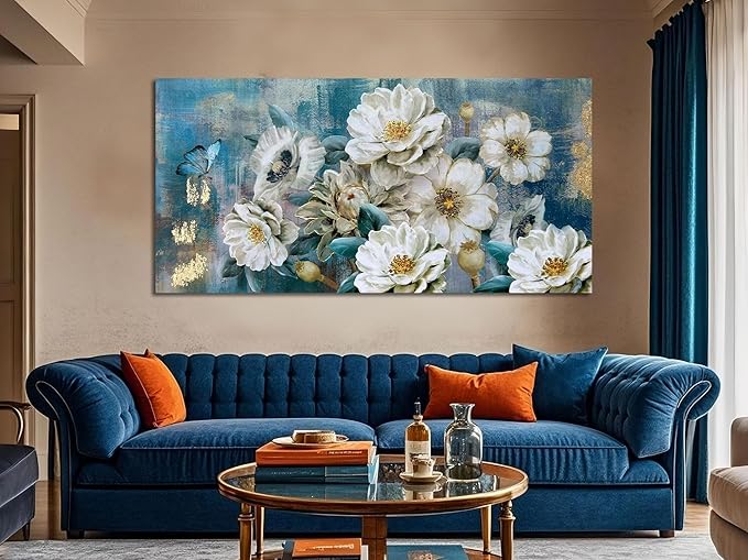 Arjun Big Size Flowers Canvas Wall Art for Bedroom, White Elegant Teal Picture, Textured Floral Magnolia Painting Living Room Wall Decor Turquoise Large Artwork Dining Room Home Office 58"x29"
