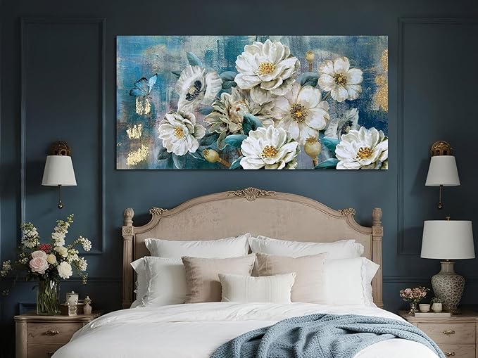 Arjun Big Size Flowers Canvas Wall Art for Bedroom, White Elegant Teal Picture, Textured Floral Magnolia Painting Living Room Wall Decor Turquoise Large Artwork Dining Room Home Office 58"x29"