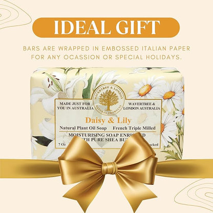 Wavertree & London Daisy & Lily Scented Natural Soap Bar, 7oz Moisturizing French Triple Milled Soap Bar for Women & Men Enriched with Organic Shea Butter, Pure Bath & Body Soap (1 Bar)