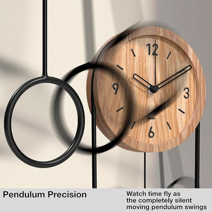 Driini Decorative Wall Clock with Pendulum (Light) – Modern Wood; 3D Black Numbers; Metal Frame – Small, Unique Wall Clocks for Living Room Decor or Bathroom - Battery Operated, Silent, Non-Ticking