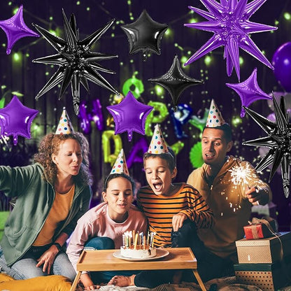 Purple Black Star Balloon,16Pcs Star Foil Balloons Set with 22Inch Explosion Spike Cone Balloons and 10Inch Quadrangle Helium Balloon for Birthday Wedding Baby Shower and Halloween Party Decorations