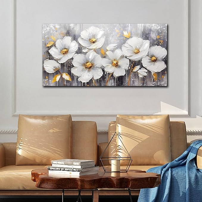 CIRABKY Flower Wall Art for Bedroom - White Wall Decor - Gold Wall Art for Living Room Office Artwork Canvas Pictures Size 20" x 40"