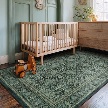 Washable Rugs 5x7, Dark Green Floral Moroccan Printed Area Rug for Living Room Bedroom, Low Pile Thin Carpet Rug with Rubber Backing Non Slip for Dining Room Kitchen Home Office Vintage Boho