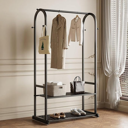 Black Clothing Rack,Heavy duty clothes rack with 2-tier Bottom Shelves, Garment Rack with 6 Side Hooks for Hanging Clothes, Coats, Shirts (black, 31.5in)