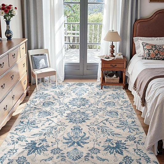 jinchan Floral 5x7 Area Rugs, Vintage-Inspired Design Accent Rug, Machine Washable Ultra-Thin Low-Pile Non-Slip Traditional Carpet for Living Room Bedroom Dining Room Home Office, Turquoise