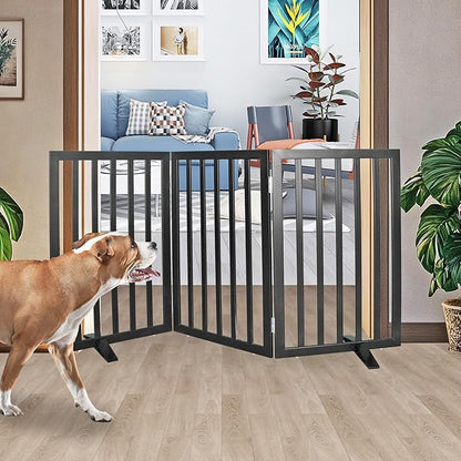 Dog Gate Indoor, Freestanding Dog Fence for The House, Doorways, Hallways,or Stairs,Pet Gate Foldable Wooden,Expandable 32" Height 3 Panels,Black