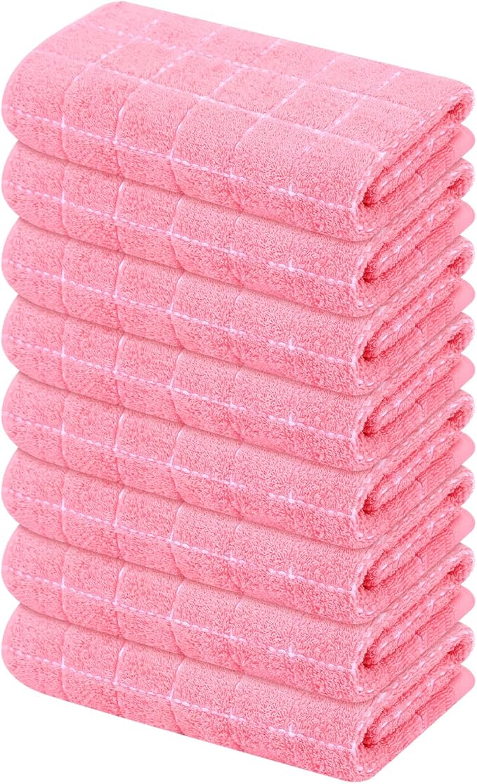 Mordimy 100% Cotton Terry Cloth Kitchen Towels, Super Soft and Absorbent Dish Towels for Drying, Checkered Designed Hand Towels for Kitchen, 16 x 26 Inches, 8 Pack, Pink