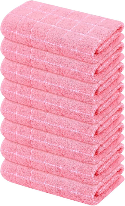 Mordimy 100% Cotton Terry Cloth Kitchen Towels, Super Soft and Absorbent Dish Towels for Drying, Checkered Designed Hand Towels for Kitchen, 16 x 26 Inches, 8 Pack, Pink