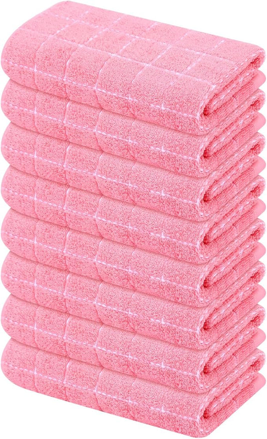 Mordimy 100% Cotton Terry Cloth Kitchen Towels, Super Soft and Absorbent Dish Towels for Drying, Checkered Designed Hand Towels for Kitchen, 16 x 26 Inches, 8 Pack, Pink