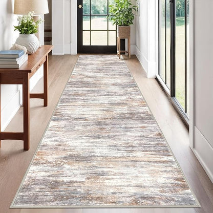 KOZYFLY Modern Abstract Washable Rug Runner 2.6x12 Hallway Rug Runner Non-Slip Soft Kitchen Runner Rugs, Multi Grey Striped Carpet for Entryway Bathroom Laundry Room Foyer